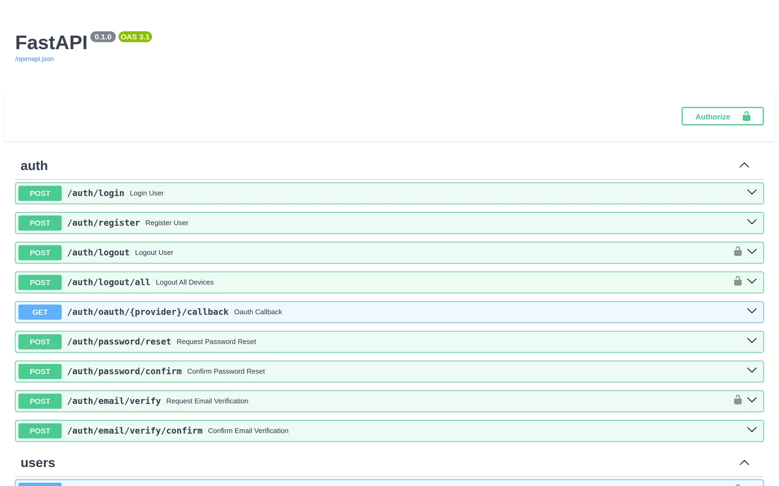 The interactive FastAPI docs listing auth, users and items endpoints.