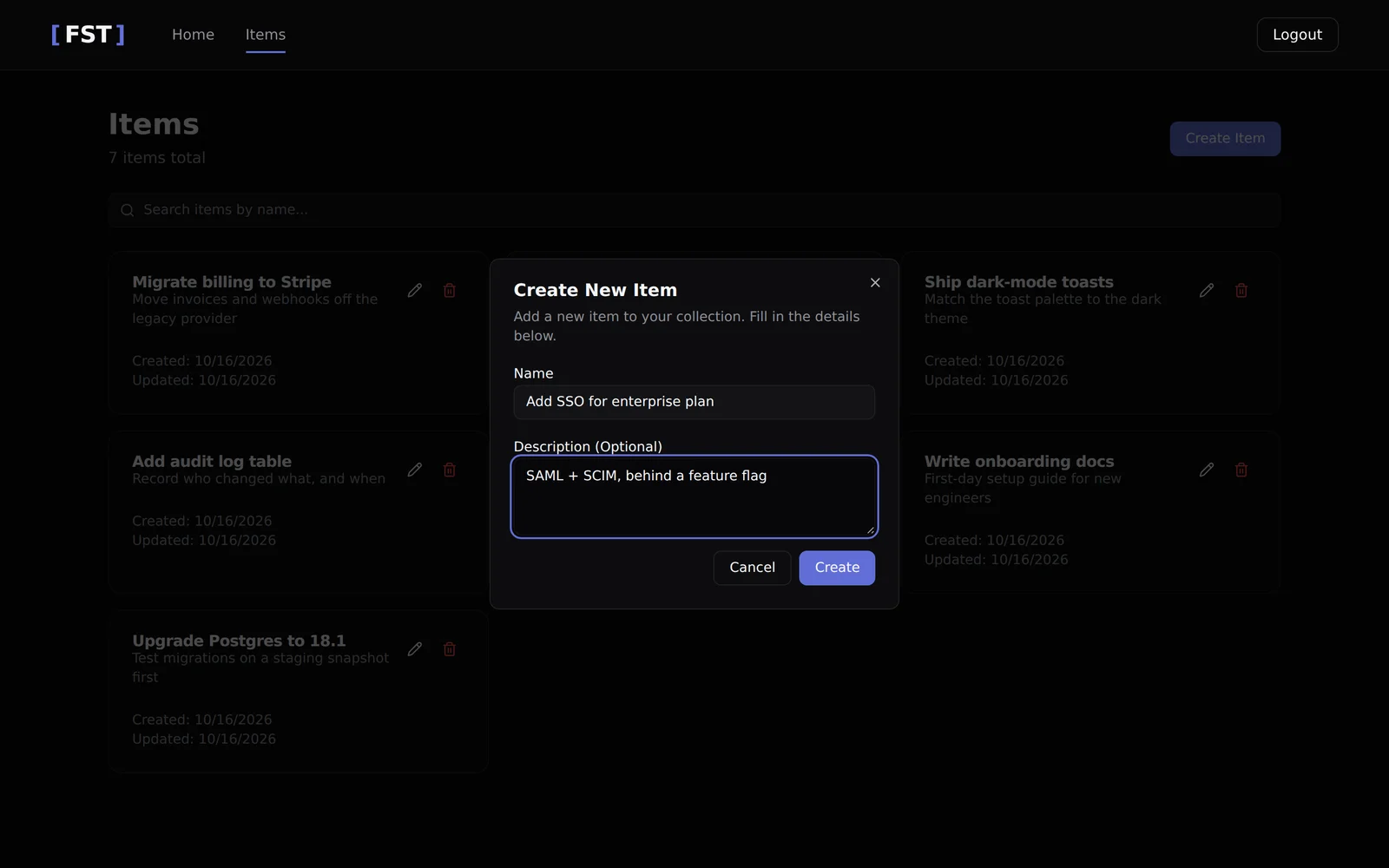 The create item dialog open over the items list.