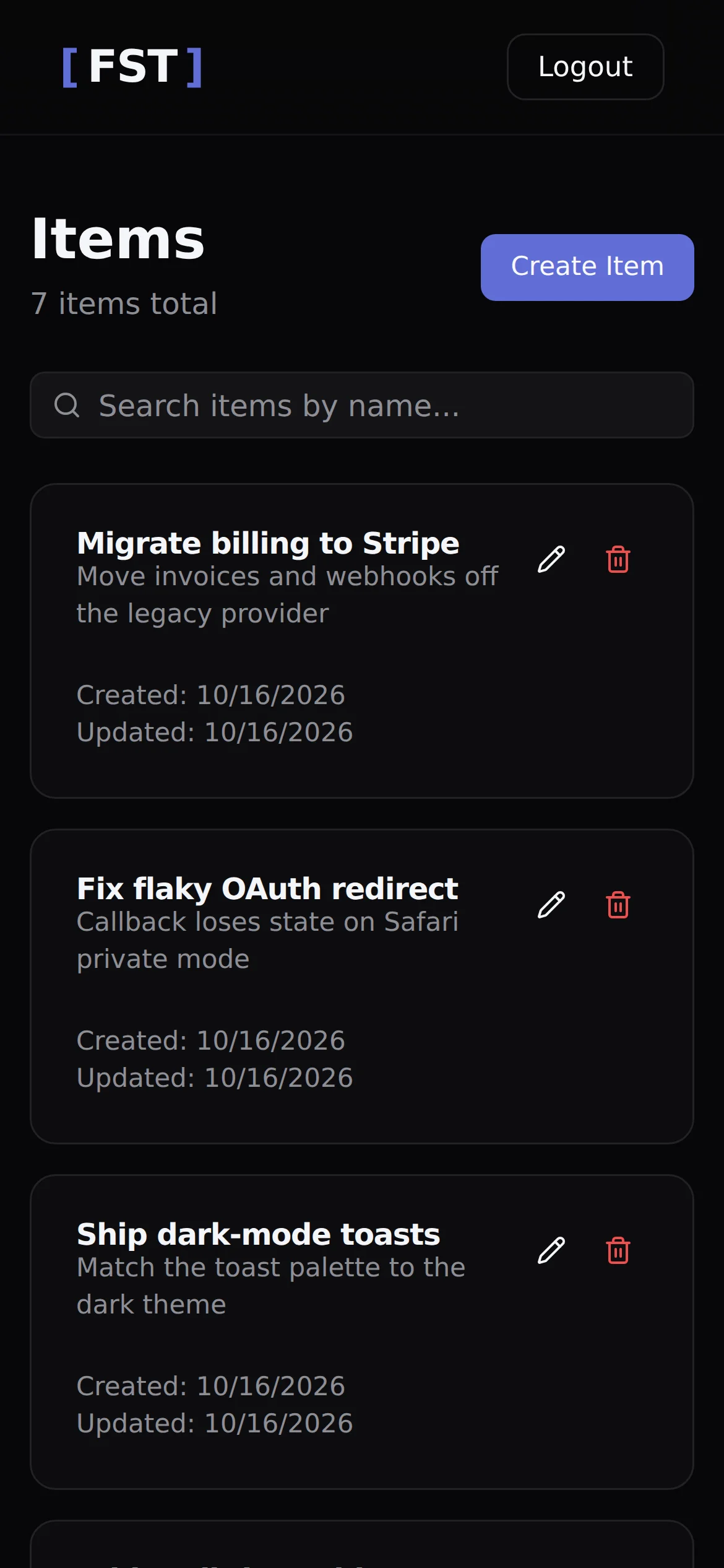 The items list on a phone.